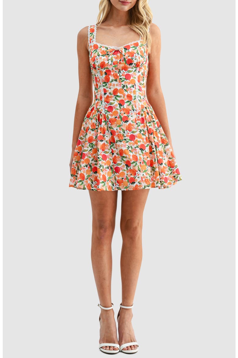 Tangerine Print Lace Detail Fit & Flare Cotton Minidress, Main, color, TANGERINE