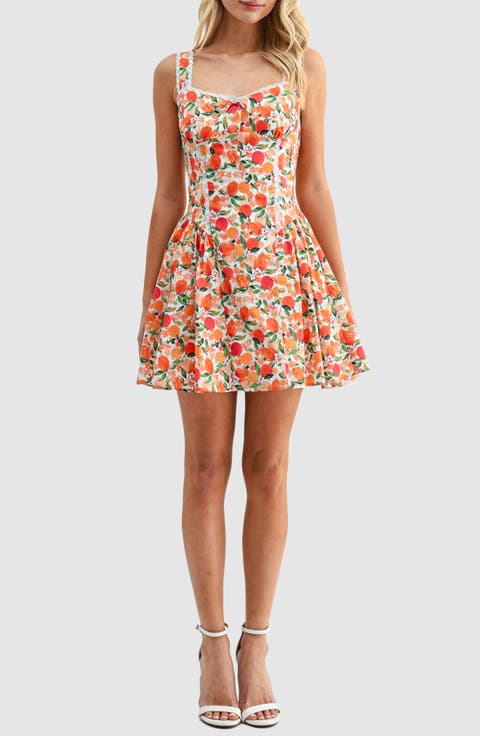 Tangerine Print Lace Detail Fit & Flare Cotton Minidress