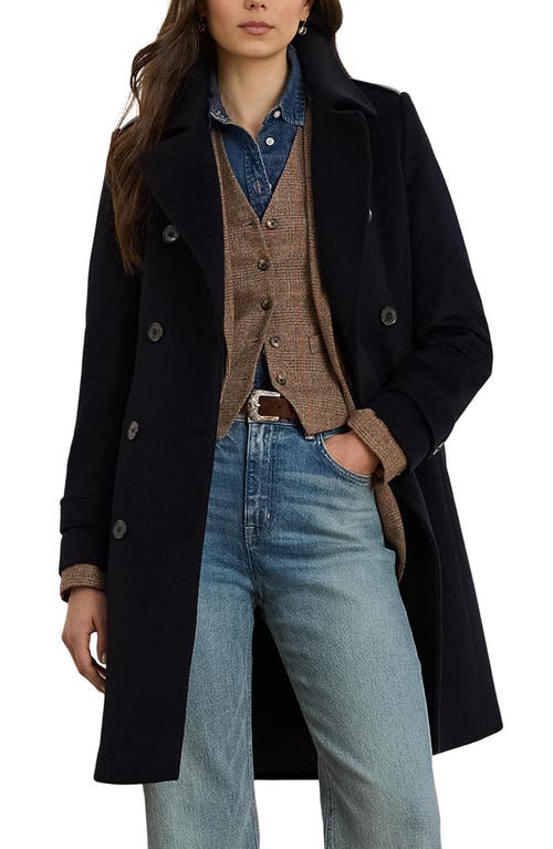Ralph Lauren Lauren  Faux Leather Detail Wool Blend Coat In Black