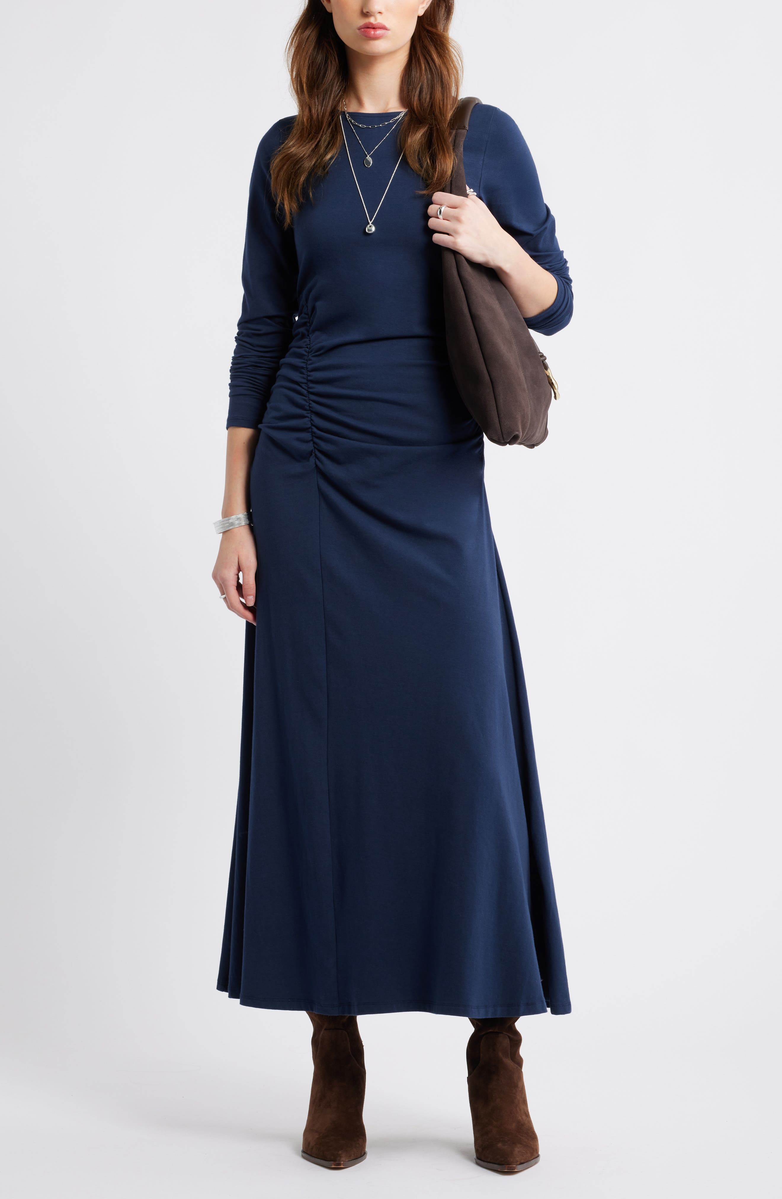 Side Ruched Long Sleeve Stretch Cotton Dress - image 2