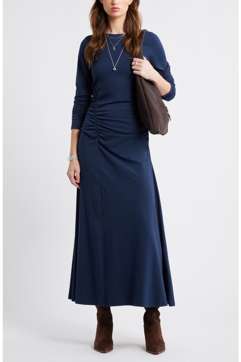 Side Ruched Long Sleeve Stretch Cotton Dress, Alternate, color, NAVY STILL