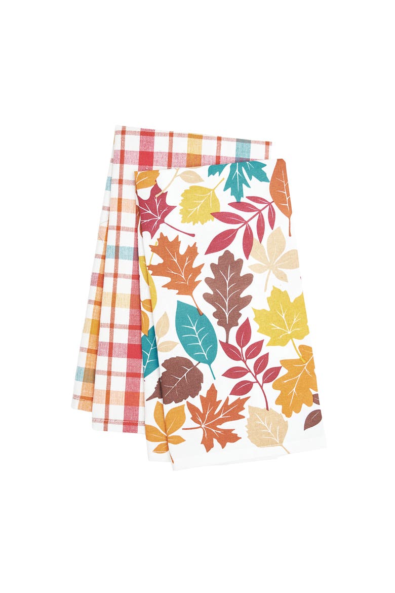 Fall Leaves & Plaid Printed Woven Kitchen Dishtowels Set of 2, Alternate, color, White