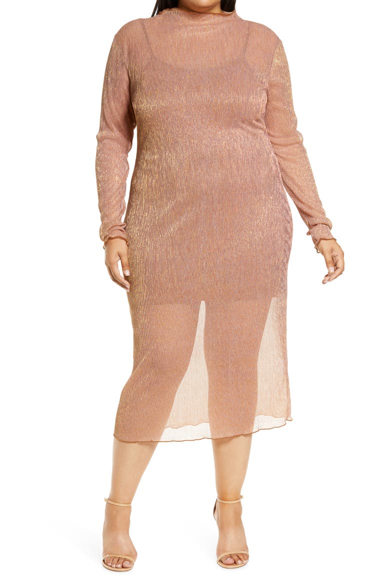 Sheer Long Sleeve Dress, Main, color, COPPER