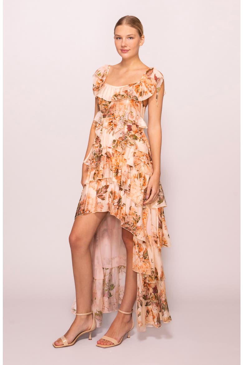 Floral Hig-Low Tiered Maxi Dress, Alternate, color, PEACH FLORAL