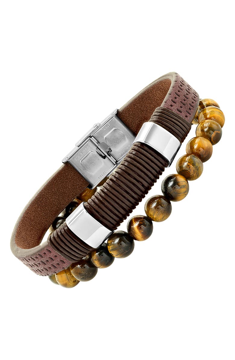 HMY JEWELRY Men's 2-Piece Leather & Tiger's Eye Beaded Bracelets, Alternate, color, Silver/ Brown