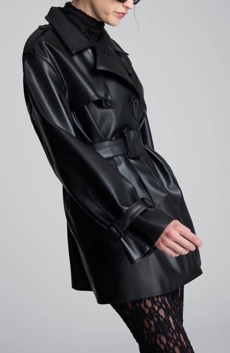 Kenneth Cole Double Breasted Faux Leather Trench Coat, Alternate, color, Black