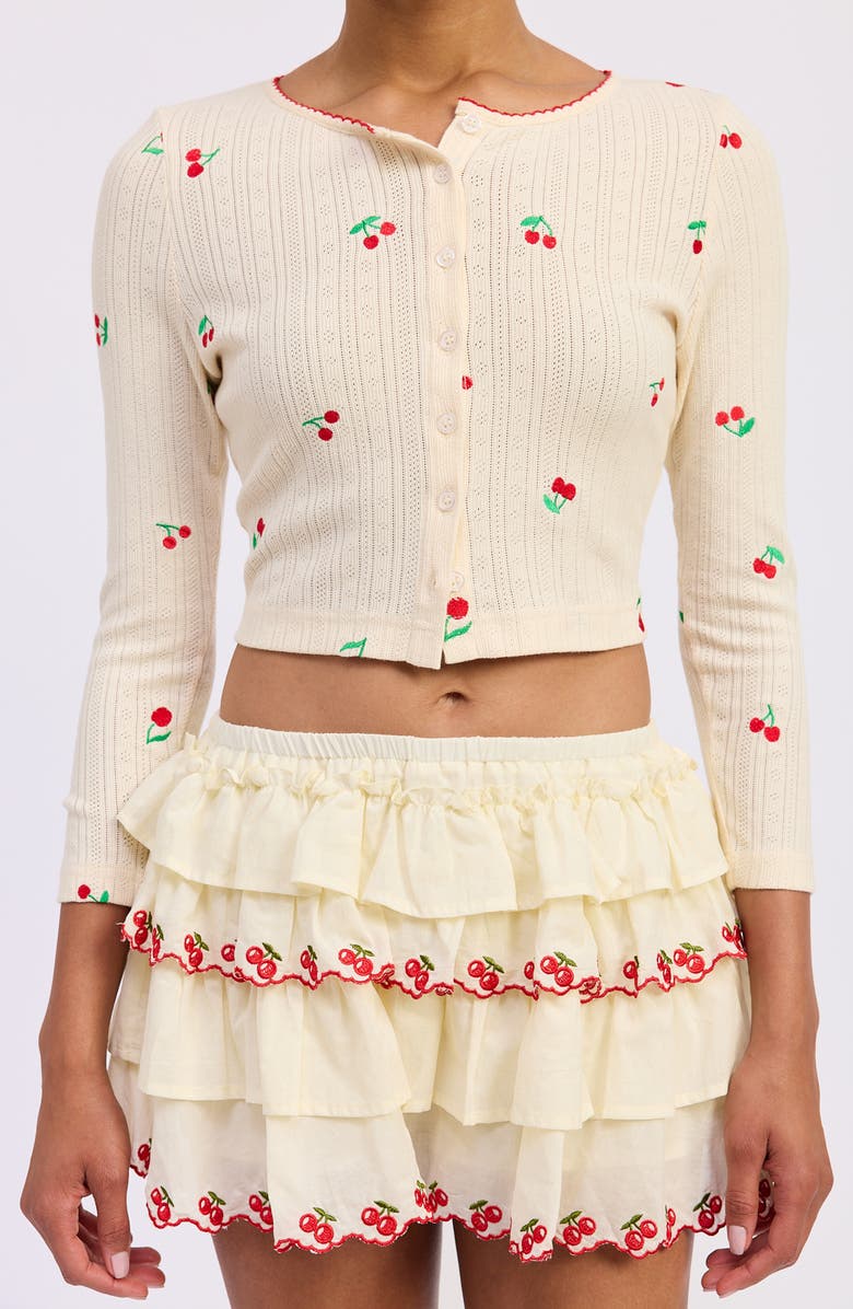 JACQUIE THE LABEL Embroidered Cotton Pointelle Cardigan, Main, color, Yellow Red