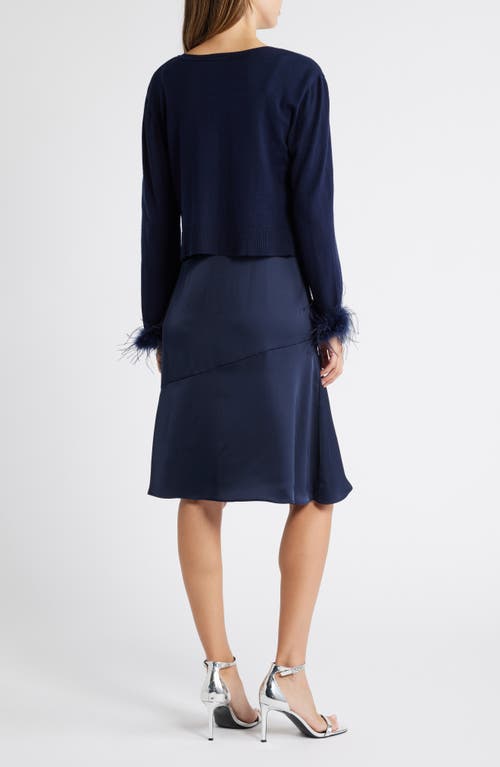 SAM EDELMAN SAM EDELMAN FAUX FEATHER TRIM LONG SLEEVE TWO-PIECE SWEATER DRESS 