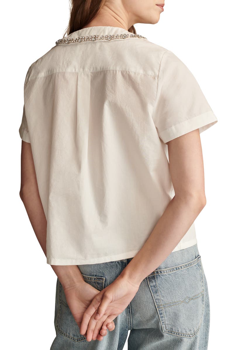 Lucky Brand Rhinestone Embellished Short Sleeve Cotton Button-Up Shirt, Alternate, color, Bright Whi