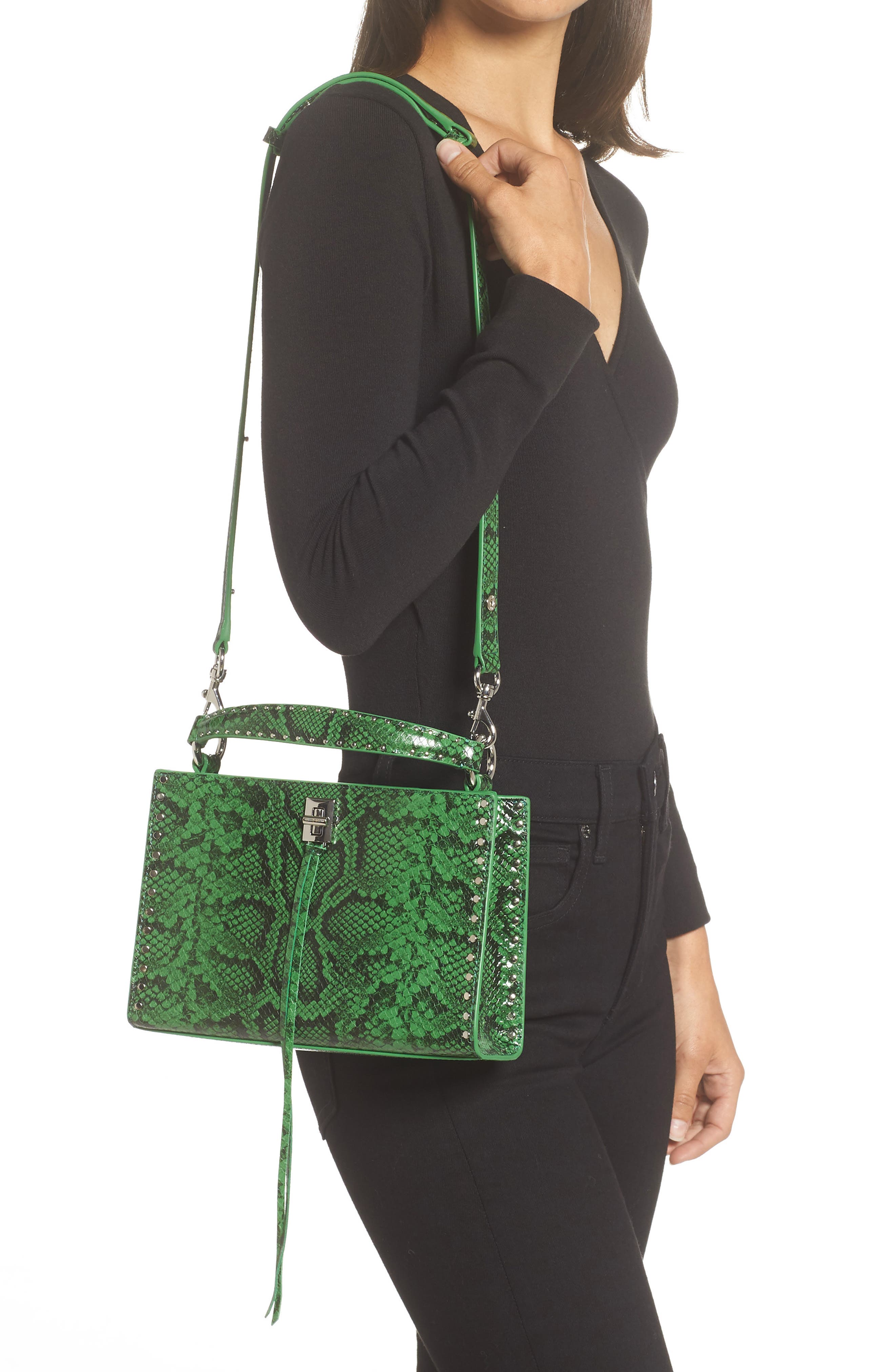 Rebecca Minkoff Darren Small Zip Top Handle Snake Embossed Leather Satchel, Alternate, color, 