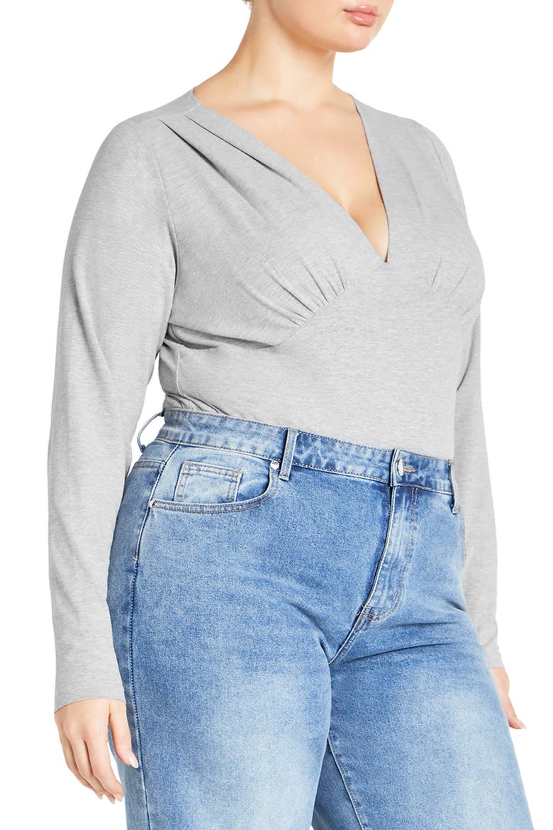 Amelia Pleated Long Sleeve Stretch Cotton Bodysuit, Alternate, color, GREY MARLE