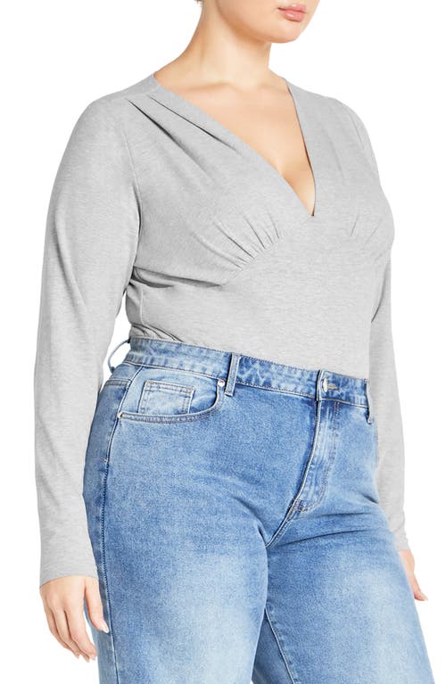 City Chic Amelia Pleated Long Sleeve Stretch Cotton Bodysuit In Gray