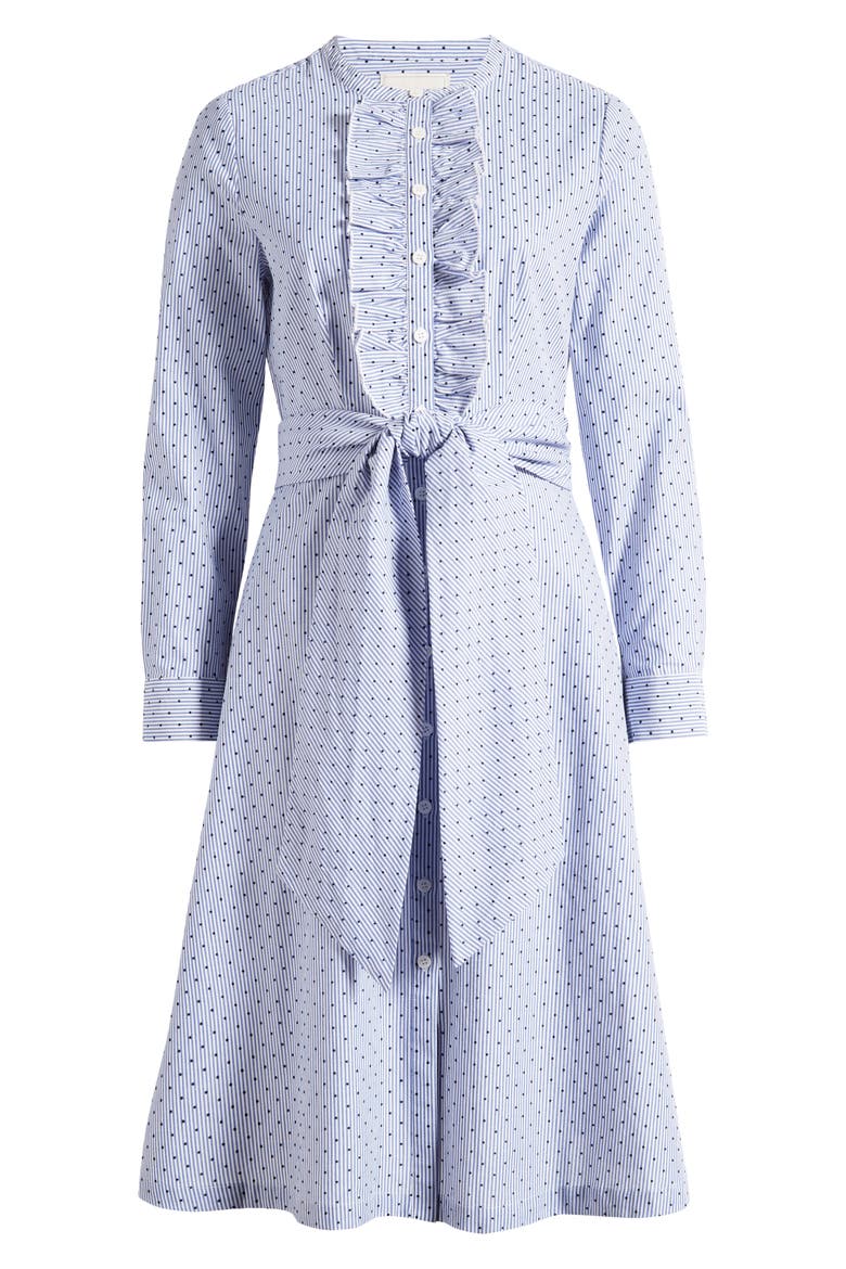 Ruffle Placket Flocked Dot Pinstripe Long Sleeve Cotton Shirtdress, Alternate, color, CHAMBRAY BLUE