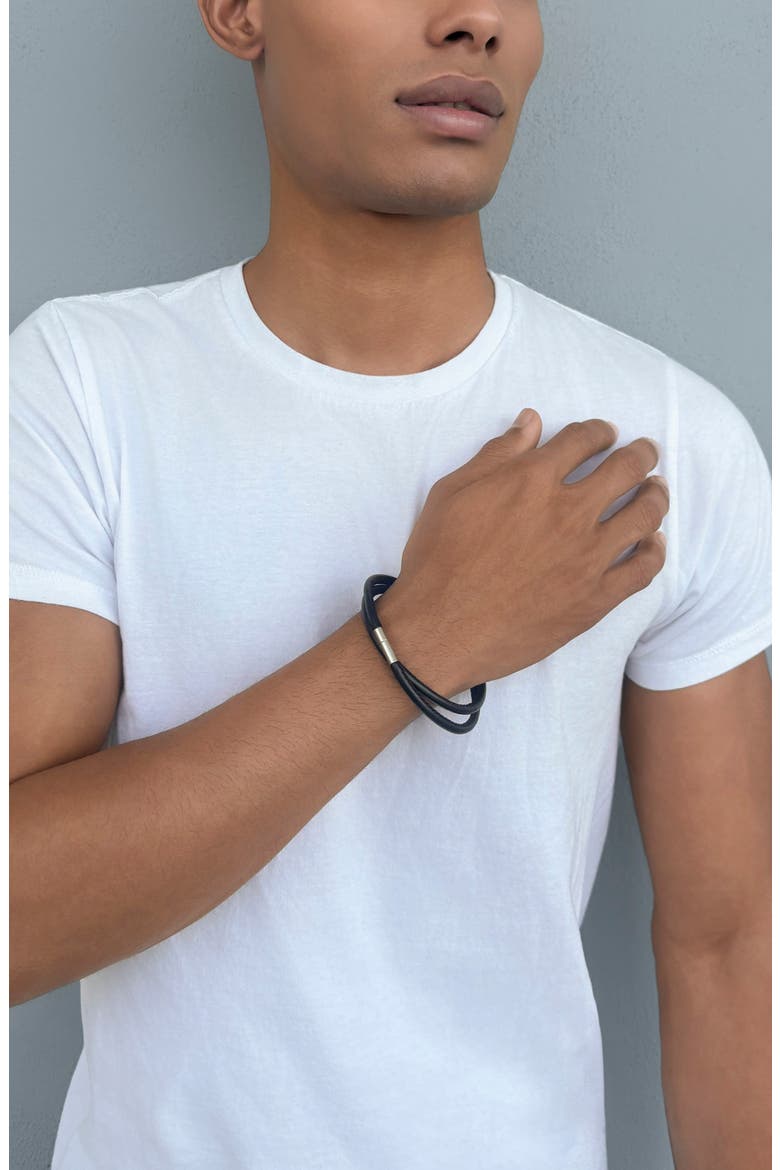 Men's Double Wrap Leather Bracelet, Alternate, color, BLACK/ SILVER