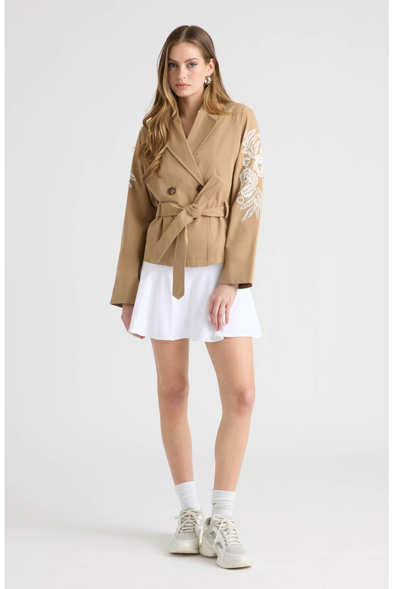 Embroidered Belted Crop Trench Coat, Alternate, color, BRITISH TAN