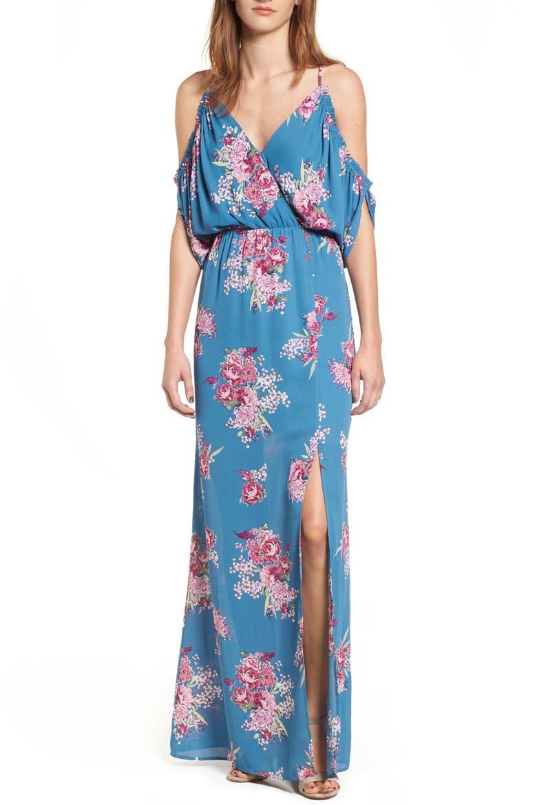 Cold Shoulder Maxi Dress, Main, color, TEAL FLORAL