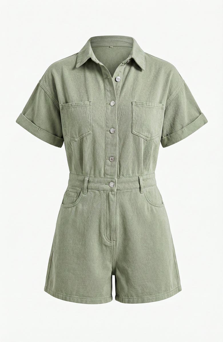 Knit & Lounge Short Sleeve Utility Romper with Button Front and Patch Pockets, Alternate, color, Green
