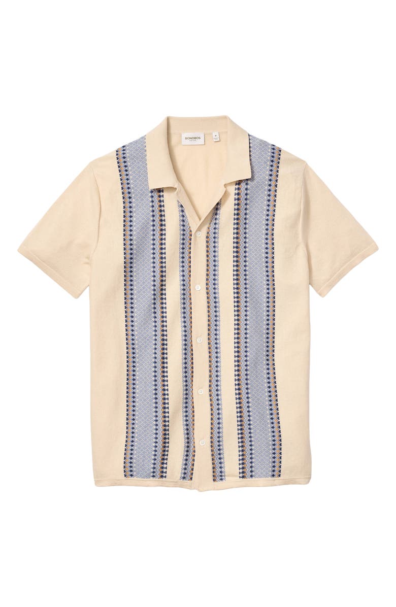 Bonobos Hudson Cabana Stripe Short Sleeve Cotton Button-Up Sweater, Alternate, color, Linen Beige + Blue Diamonds