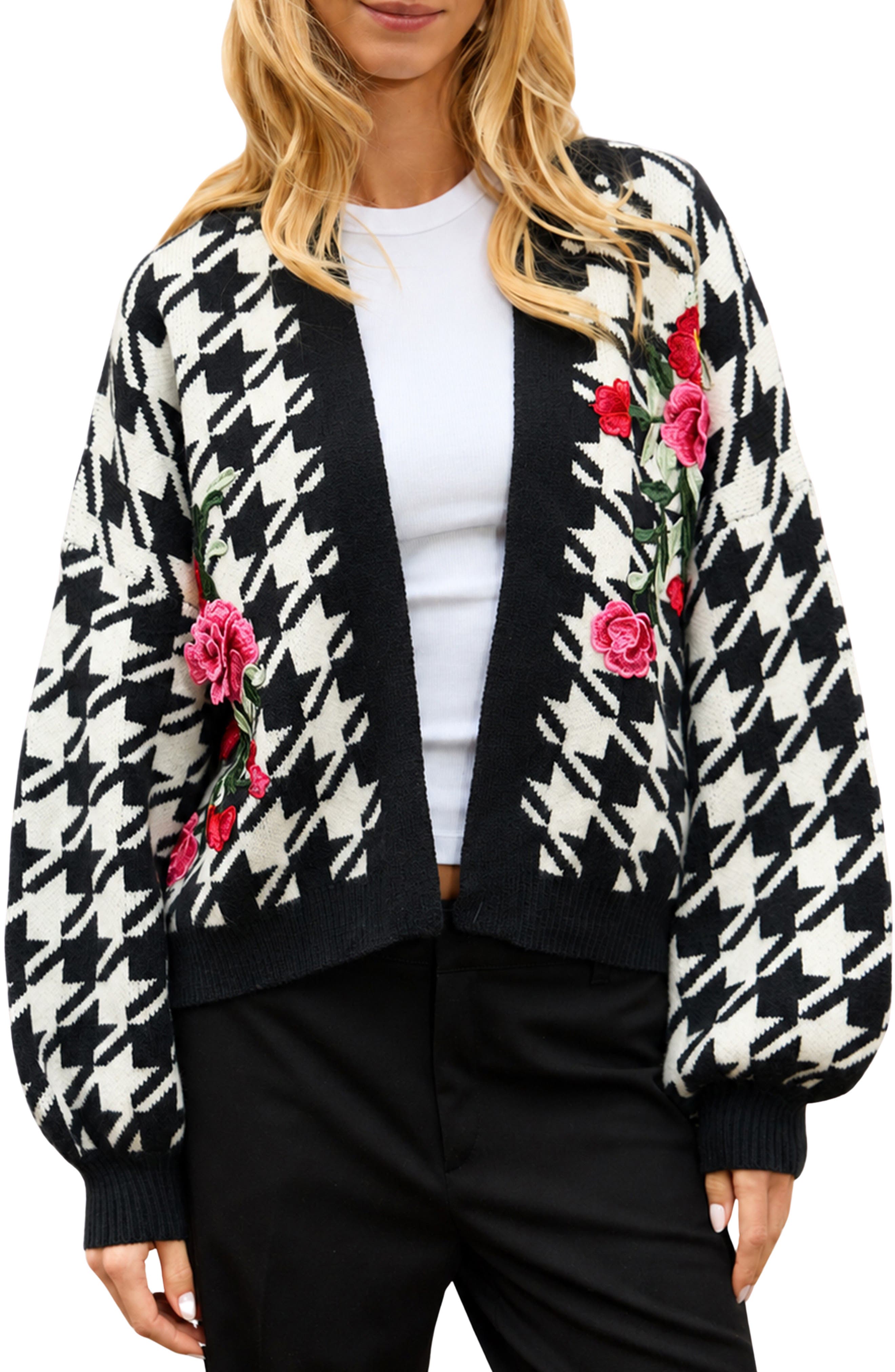 Floral Houndstooth Knit Cardigan