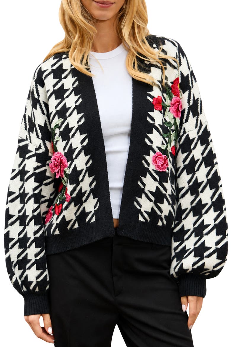 Floral Houndstooth Knit Cardigan, Main, color, BLACK