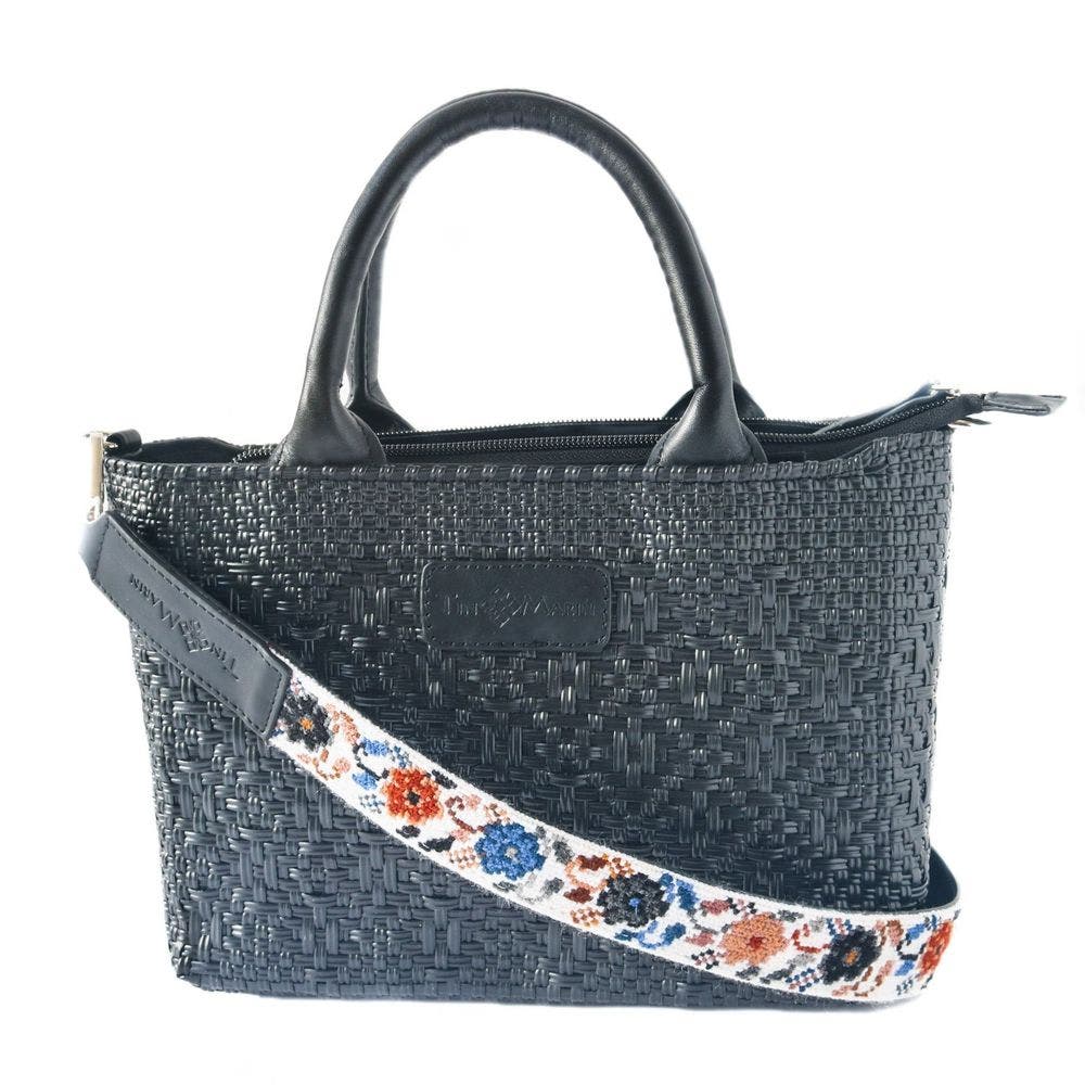 Tin Marin Mai Woven Bag Strap, Alternate, color, Flowers With Black Leather