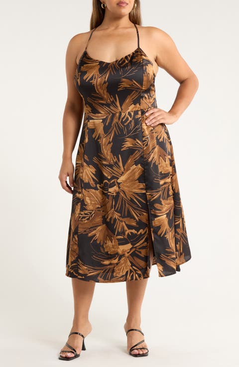 Palm Tropics Midnight Parting Sleeveless Satin Sundress (Plus)