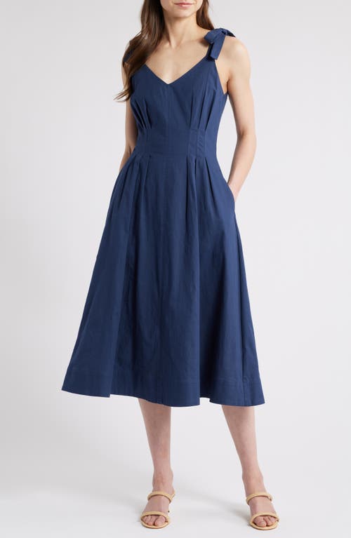 Mila Mae Tie Strap Stretch Cotton Midi Dress In Navy