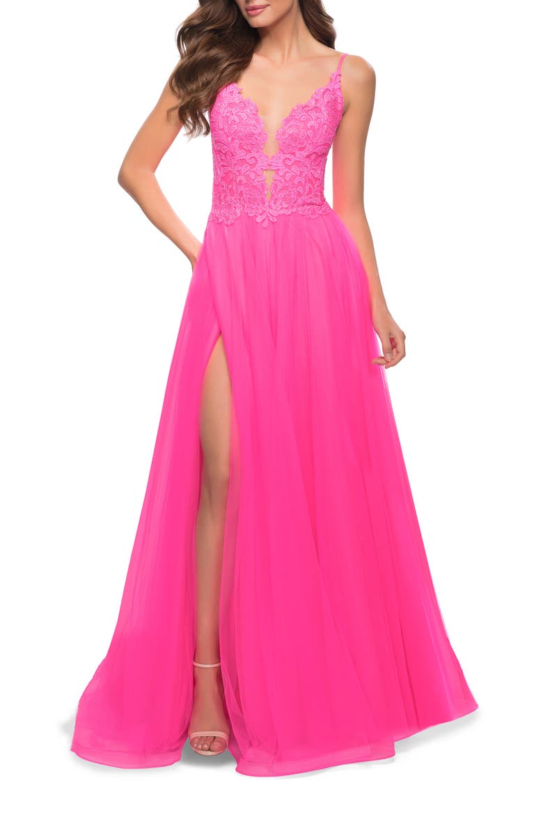 Floral Embroidered Keyhole Tulle Ballgown, Main, color, NEON PINK