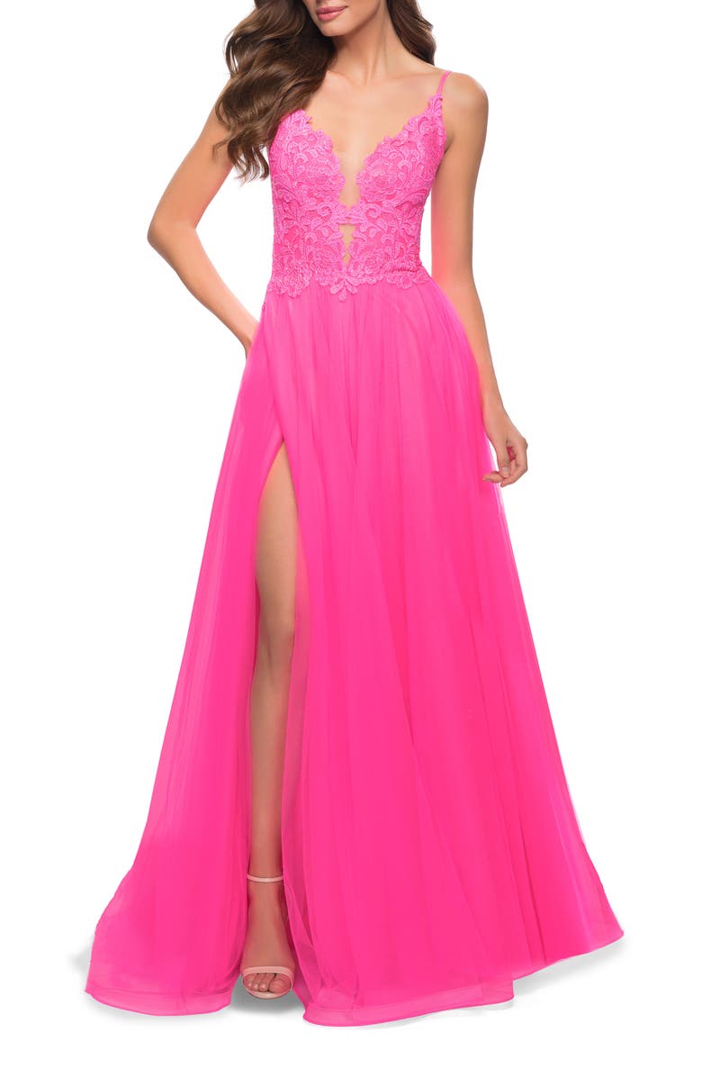 La Femme Floral Embroidered Keyhole Tulle Ballgown, Main, color,