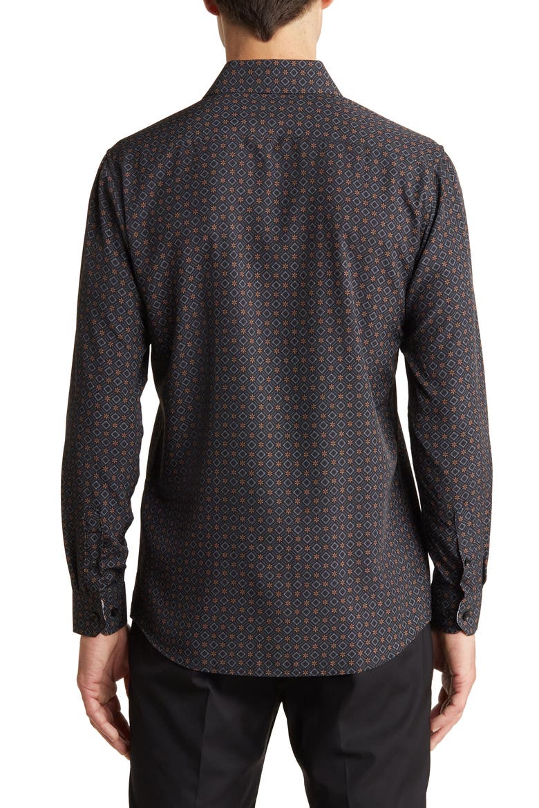 Slim Fit Geometric Print Performance Button-Up Shirt, Alternate, color, BLACK