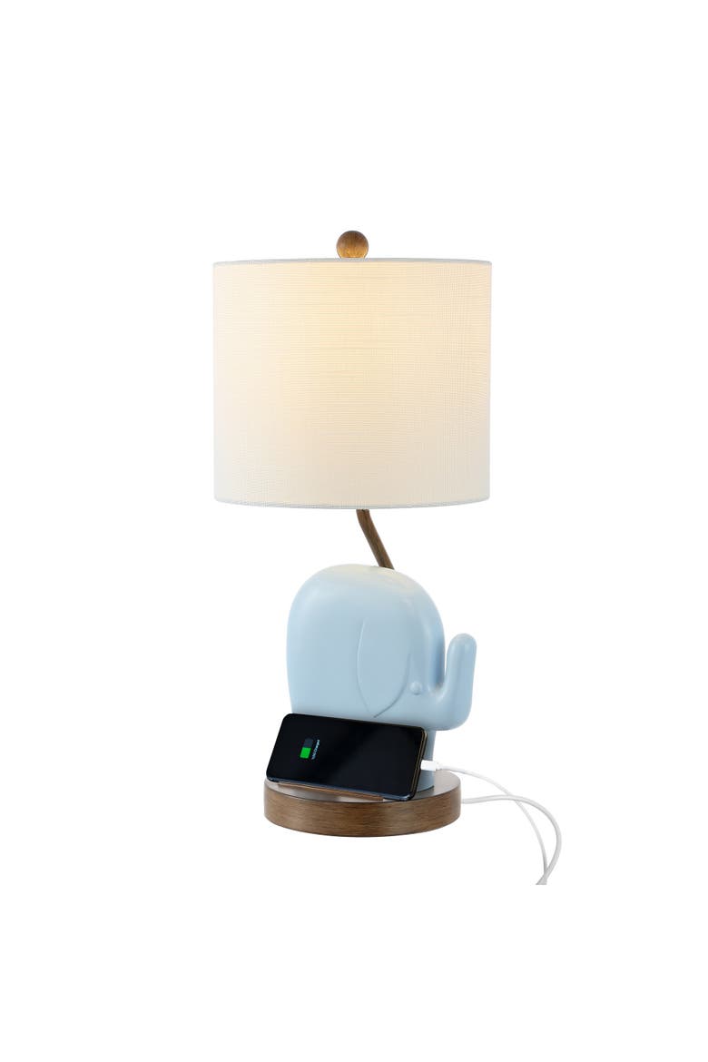 Ellie Bohemian Designer Iron/Resin Elephant LED Kids' Table Lamp with Phone Stand and USB Charging Port, Main, color, Blue