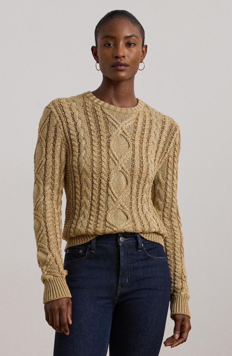 Lauren Ralph Lauren Metallic Cotton Blend Cable Stitch Crewneck Sweater, Alternate, color, 