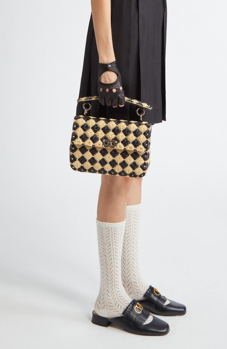 Valentino Garavani Medium Rockstud Spike Check Raffia Shoulder Bag, Alternate, color,