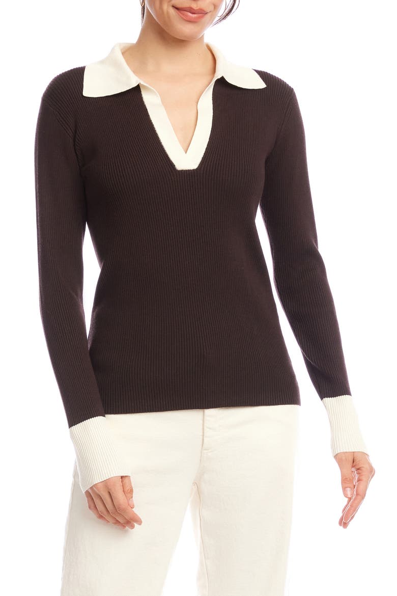 Contrast Rib Polo Sweater, Main, color, CHOCOLATE W/ CREAM