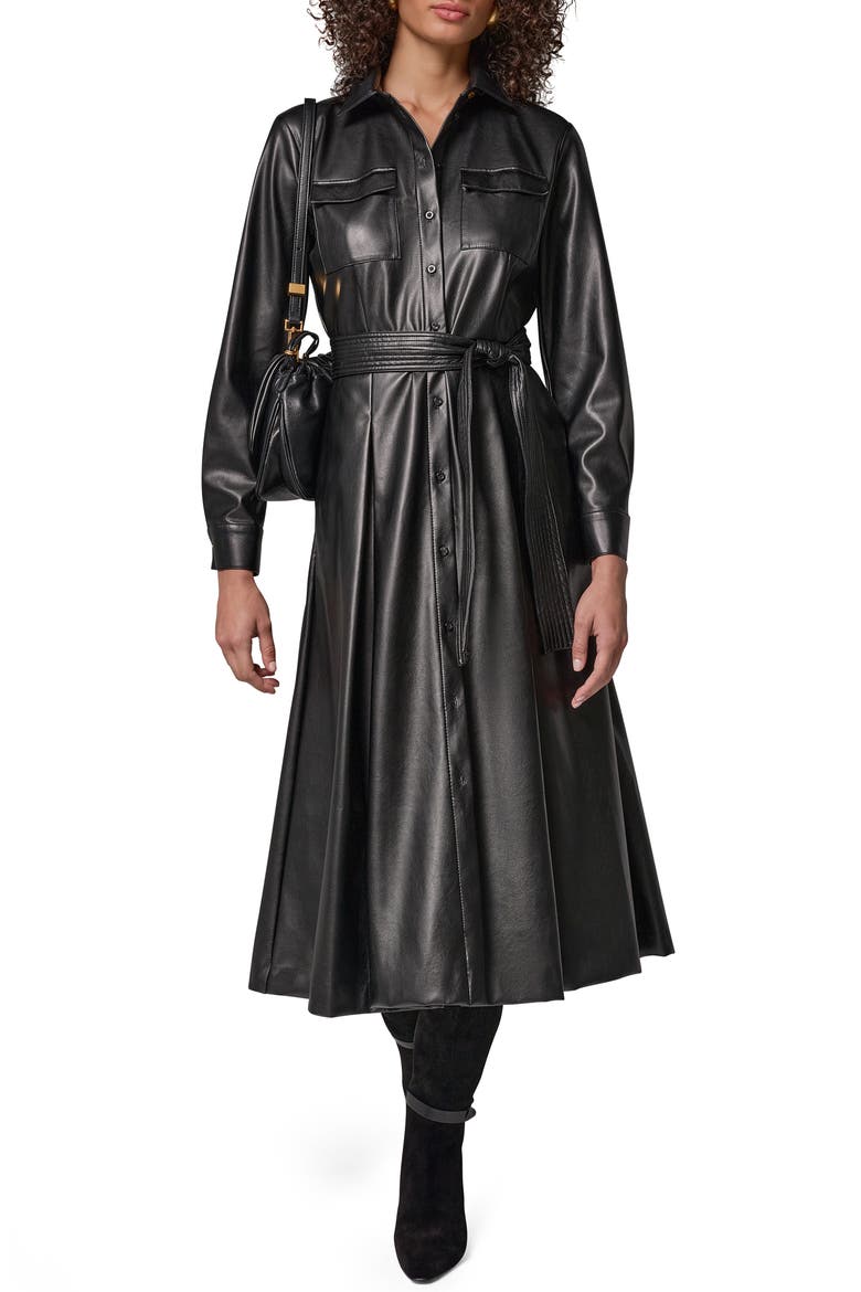 Faux Leather Belted Shirtdress, Alternate, color, BLACK