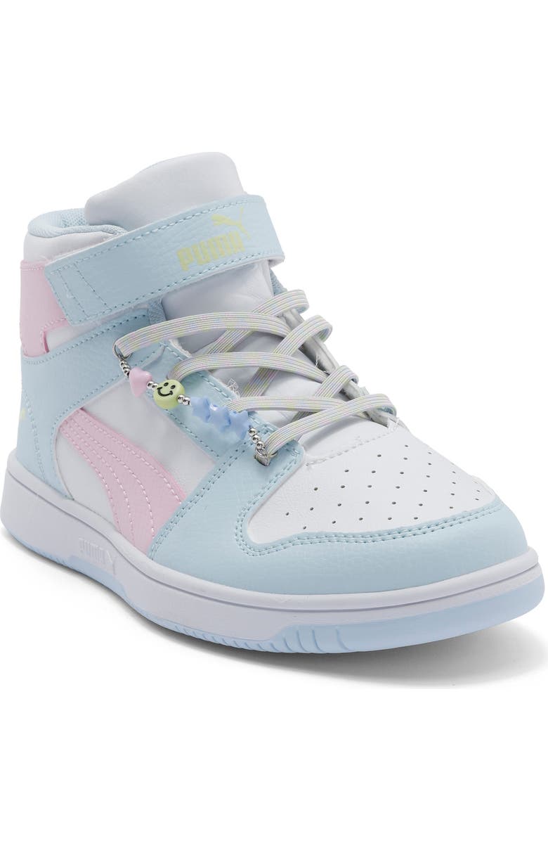 PUMA Kids' Rebound Layup Playful Charm High Top Sneaker, Main, color, Puma White/ Pearl Pink/ Apple