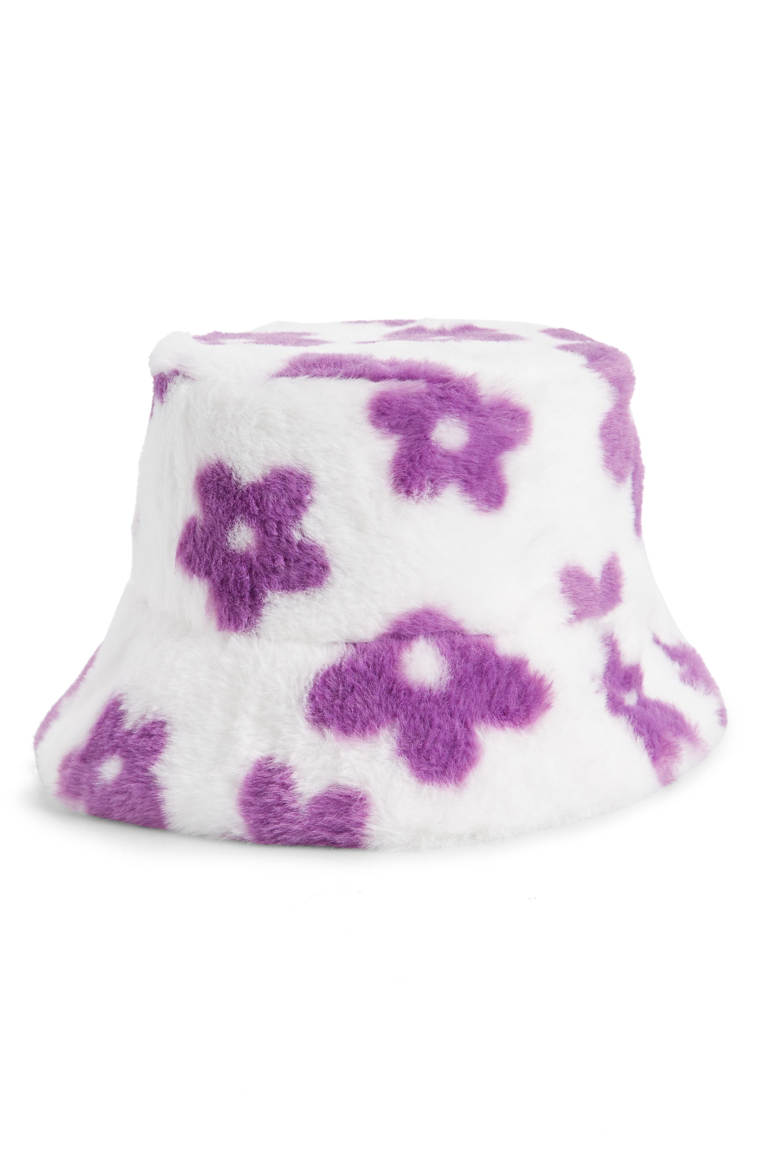 The Accessory Collective Kids' Patterned Faux Fur Bucket Hat in White 