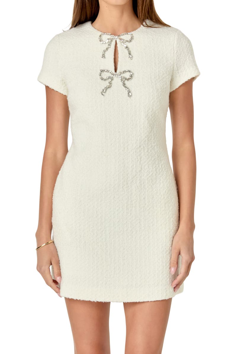 English Factory Rhinestone Bow Tweed Minidress, Alternate, color, 