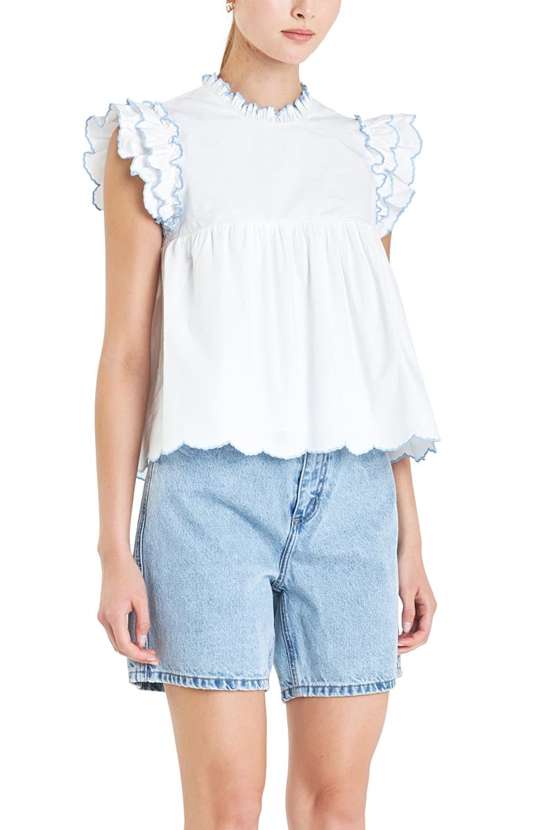 English Factory Scallop Ruffle Cotton Top, Alternate, color, White