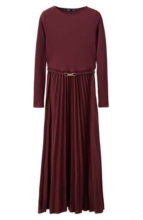 Combined Pleated Long Sleeve Midi Dress
