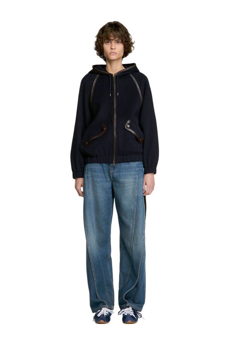Hooded wool and leather coat, Main, color, Navy blue