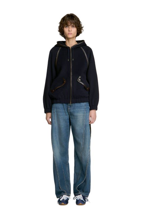 Hooded wool and leather coat