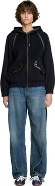 SANDRO Hooded wool and leather coat