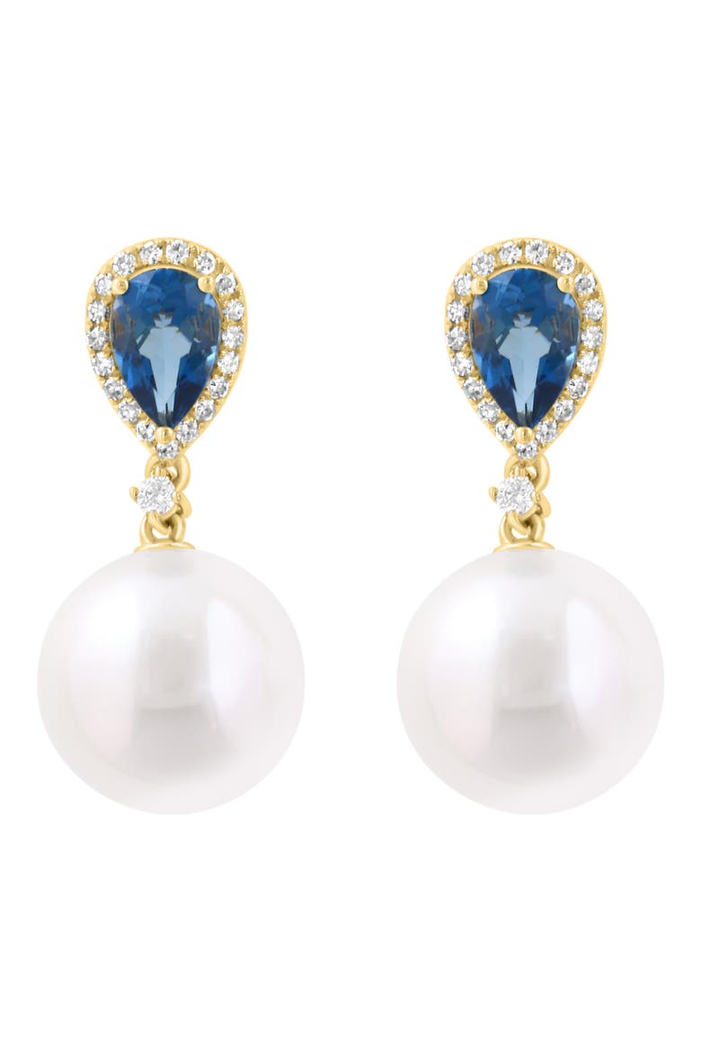 London Blue Topaz, Diamond & Freshwater Pearl Drop Earrings, Main, color, BLUE