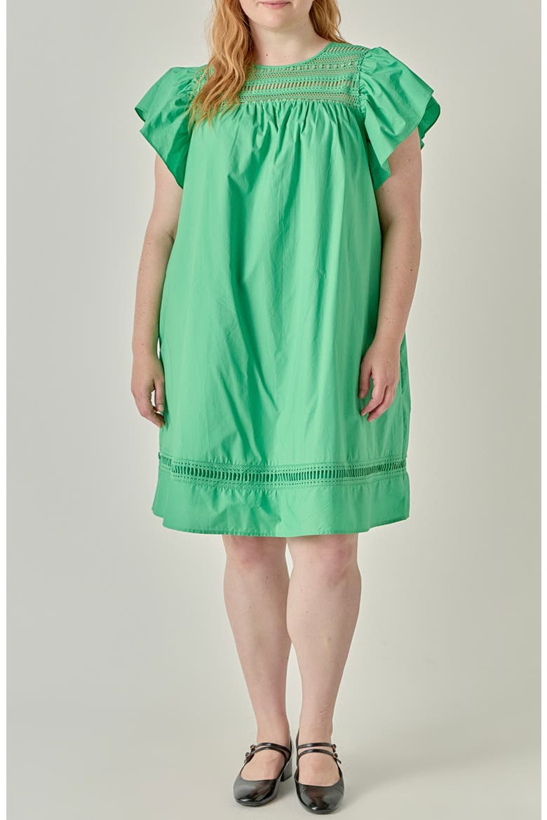 Lace Yoke Ruffle Sleeve Minidress, Main, color, GREEN