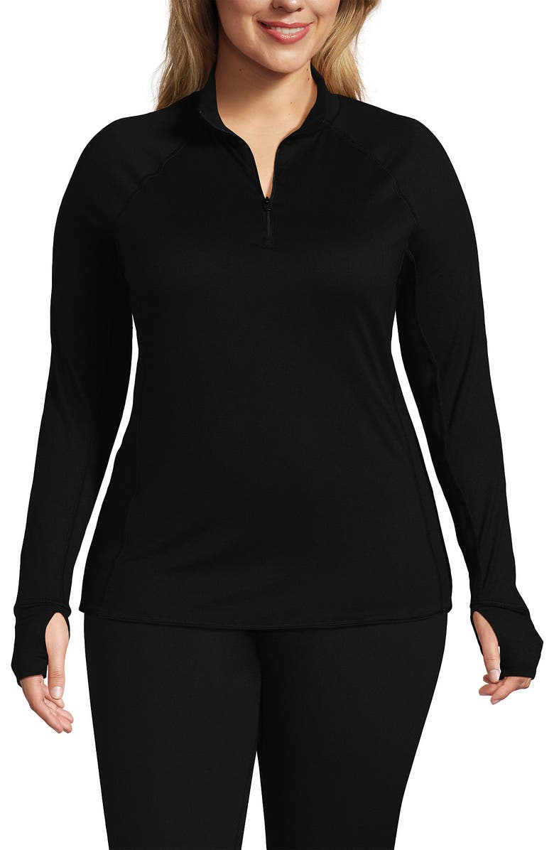 Lands' End Plus Size Baselayer Cozy Thermaskin Quarter Zip Top, Main, color, Black