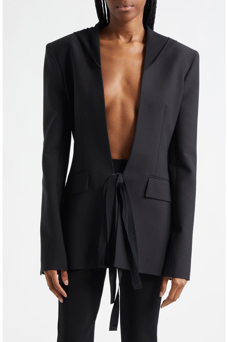 Tie Front Stretch Hooded Blazer, Main, color, BLACK