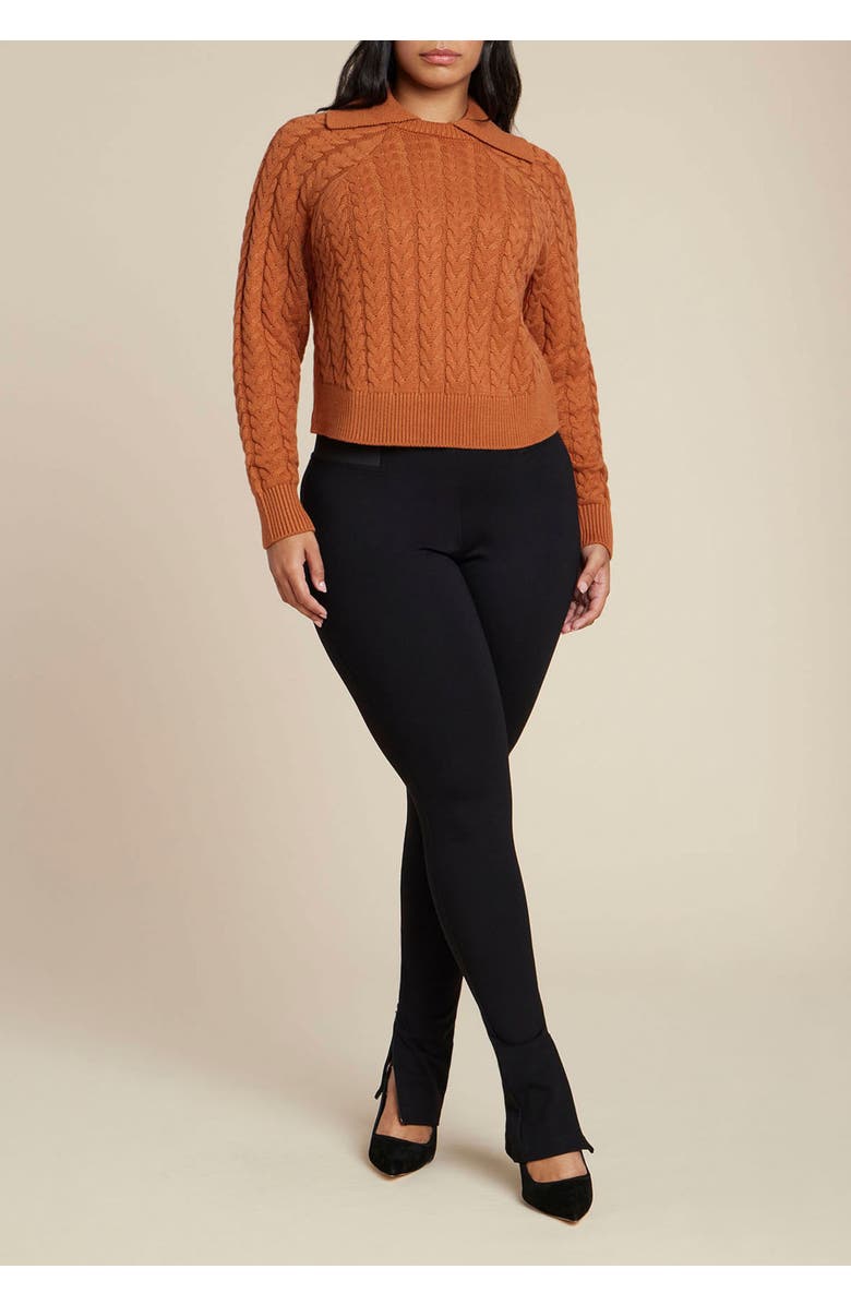 ELOQUII Cableknit Sweater With Wide Collar, Alternate, color, Rustic Brown