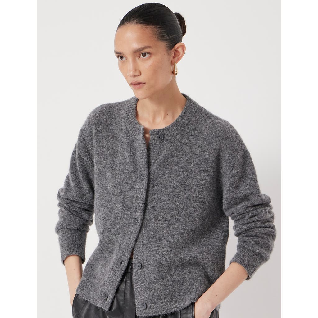 Hush Crew Neck Boxy Wool Blend Cardigan In Gray