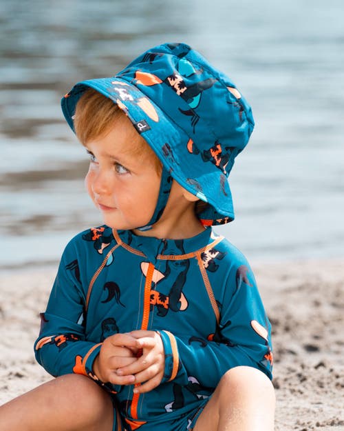 Deux Par Deux Little Boy's Printed Beach Hat Orange Sloths On Navy Blue In Orange Sloths On Navy Blue